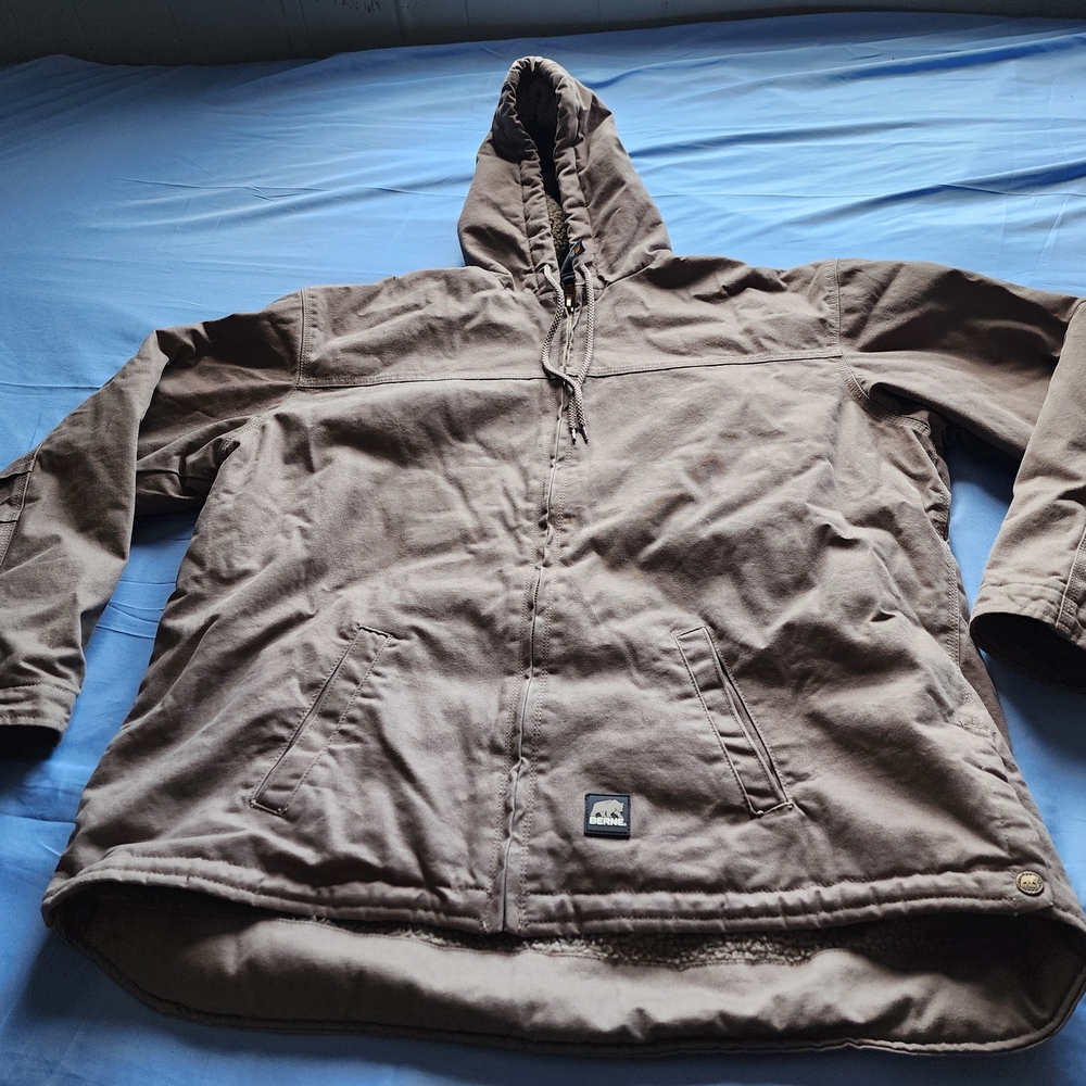 BERNE MEN'S SHERPA-LINED DUCK CANVAS WORKWEAR HOODED JACKET BROWN SIZE 2XL TALL